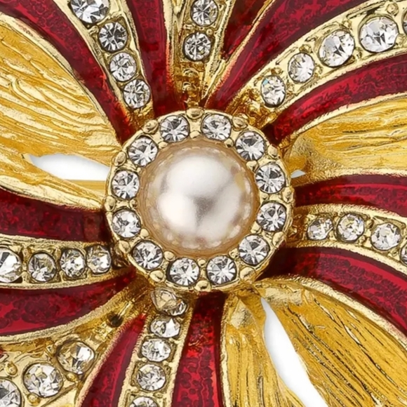 Vintage Red Enamel Gold Tone CZ and Faux Pearl Valentine's Ribbon Bow Brooch Pin - Picture 16 of 16